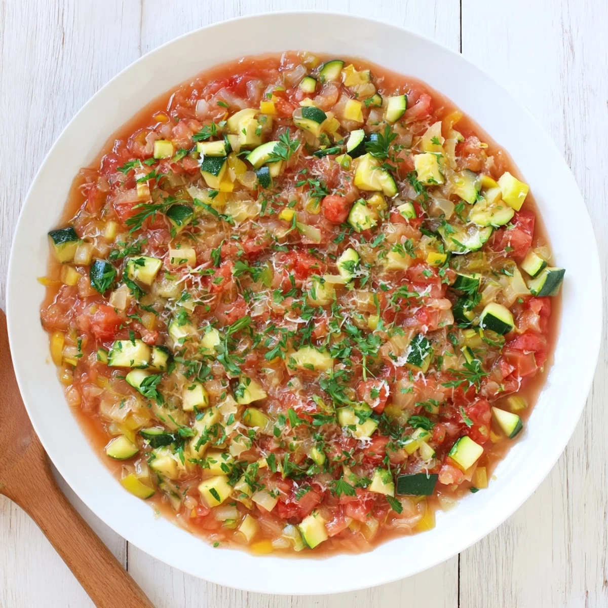 Golden Italian zucchini sauce simmers in a skillet with diced tomatoes and fresh herbs