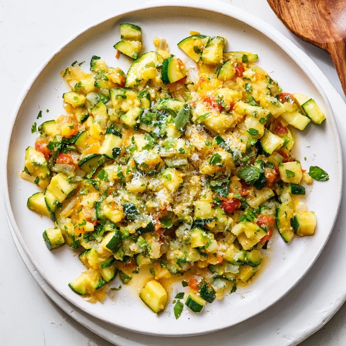 Rustic zucchini sauce topped with chopped parsley and grated Parmesan over pasta