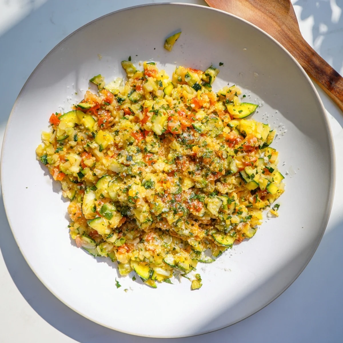 Vibrant vegetable sauce with tender zucchini chunks ready for pasta or bruschetta