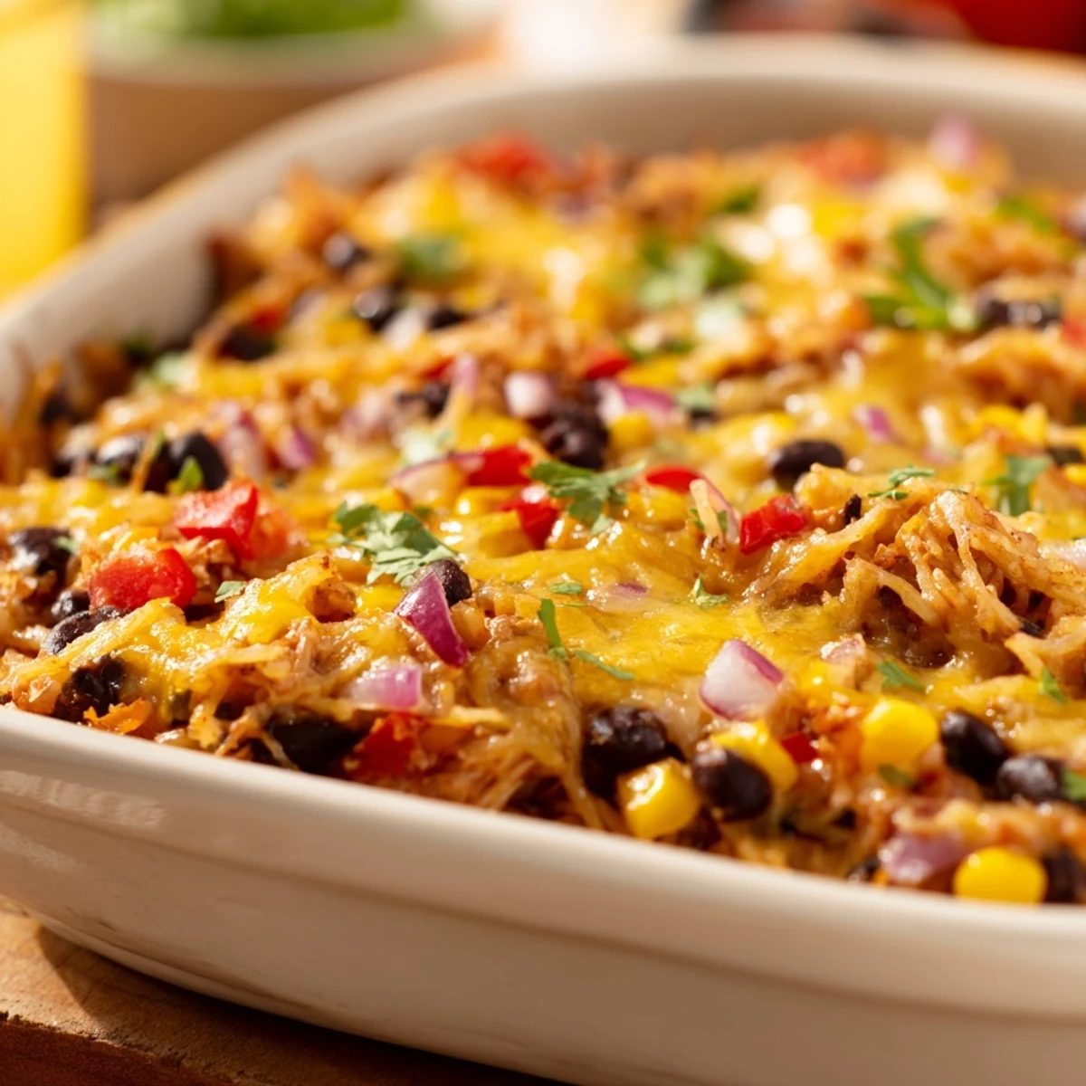 Golden cheese-topped Mexican spaghetti squash casserole with black beans and colorful vegetables