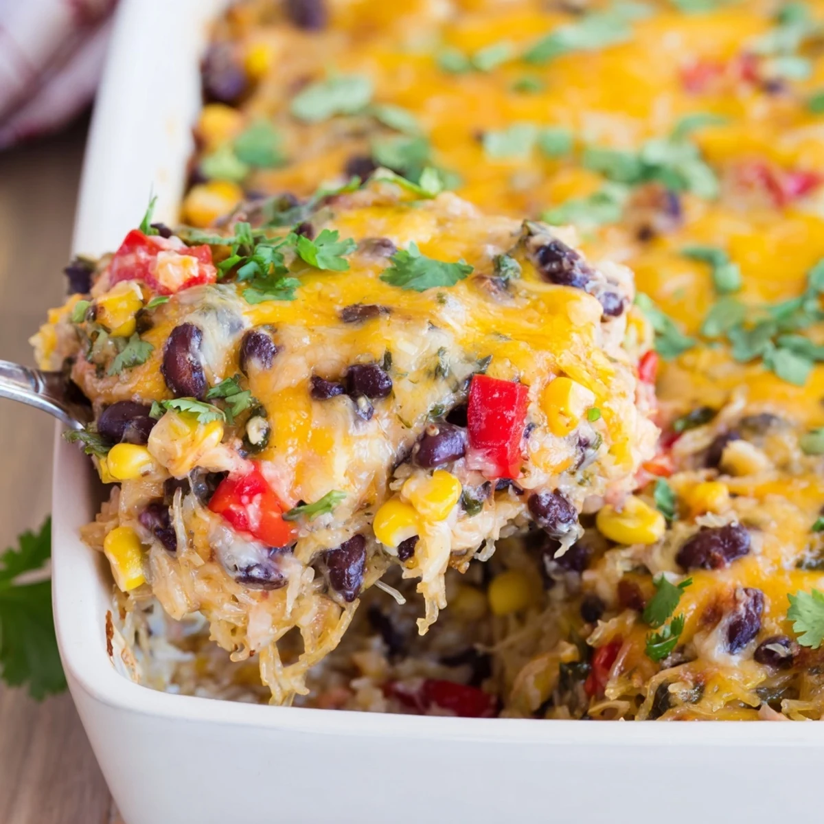Gluten-free Mexican spaghetti squash casserole garnished with fresh cilantro and lime wedges