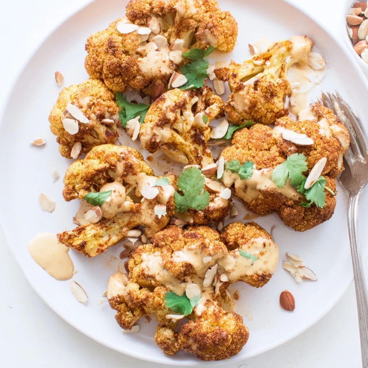 Golden roasted Moroccan cauliflower flolets drizzled with creamy tahini honey sauce and fresh herbs