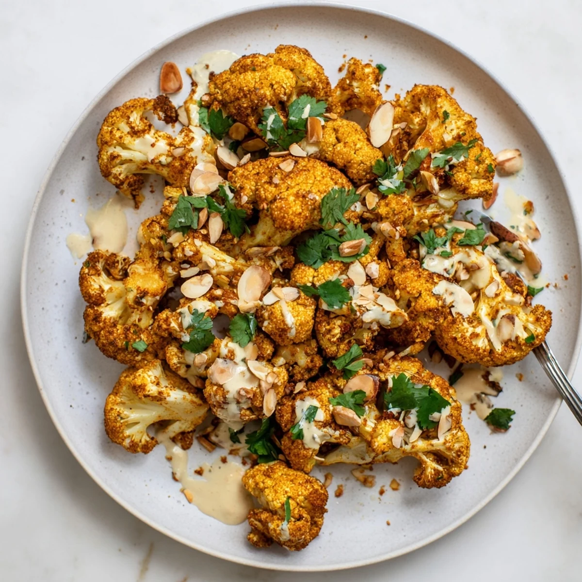 Spiced Moroccan cauliflower with tahini honey arranged on a serving platter with toasted almonds