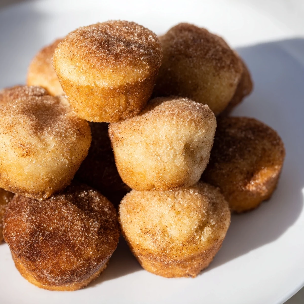 Bite-sized easy cinnamon sugar mini muffins arranged on a wire rack after being dipped in butter