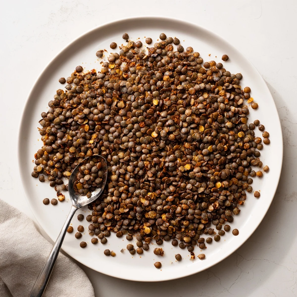 Golden brown crispy roasted lentils sprinkled with smoky paprika and cumin seasonings