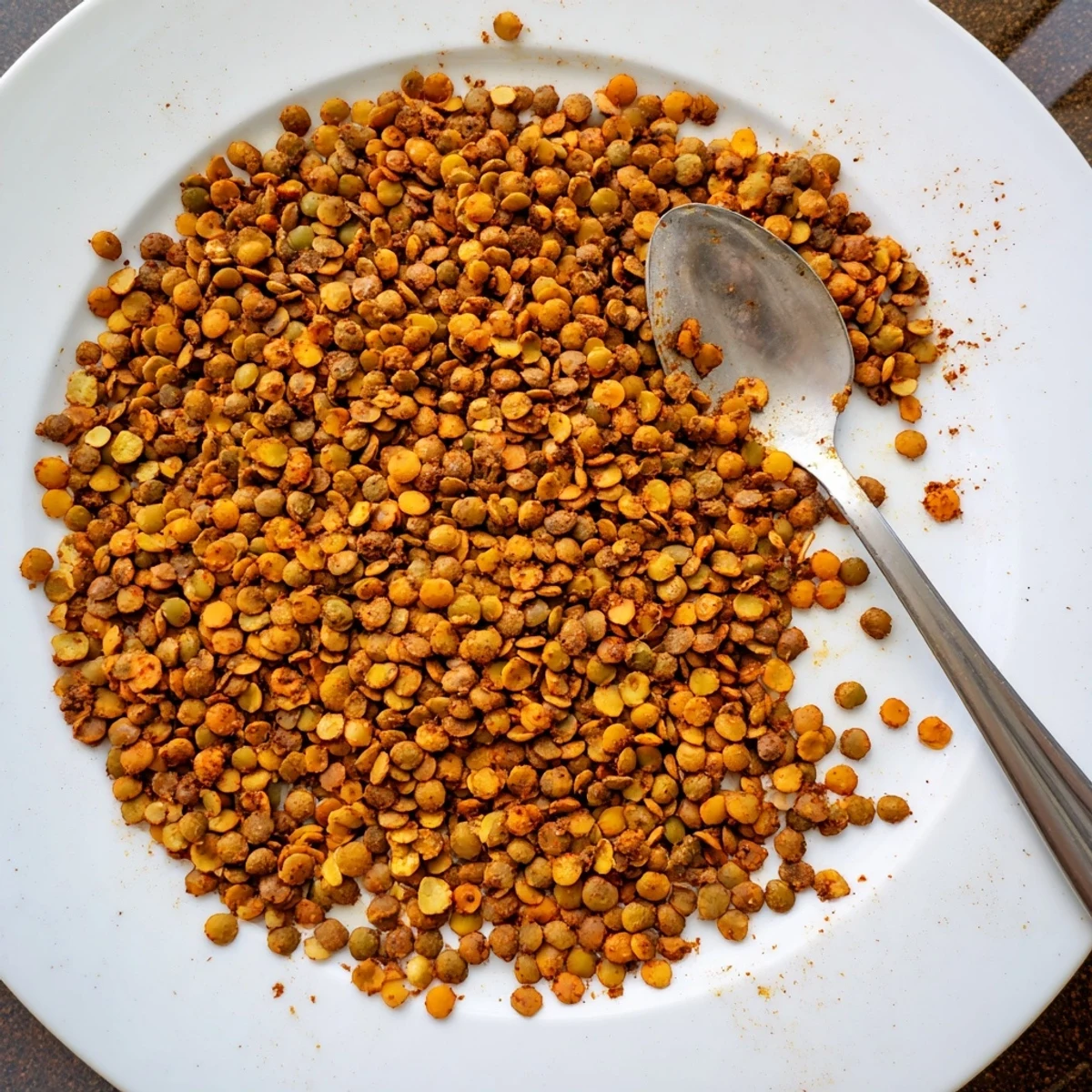 Close up of crispy roasted lentils spiced with garlic powder and smoked paprika