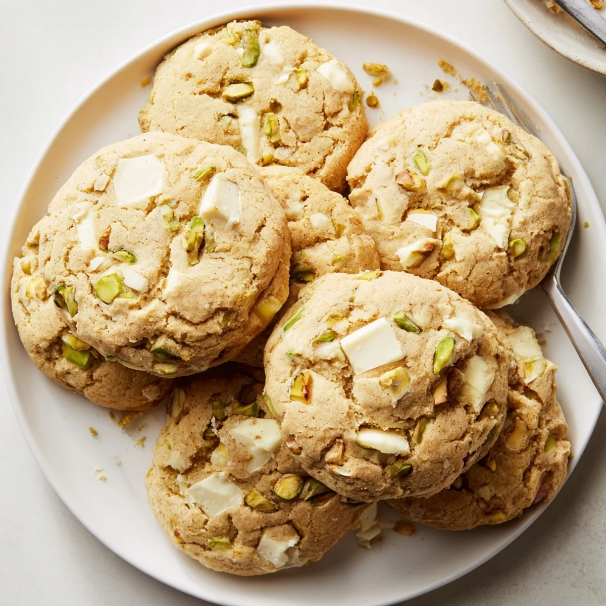 Golden white chocolate pistachio cookies fresh from the oven with melting chunks and green nut specks