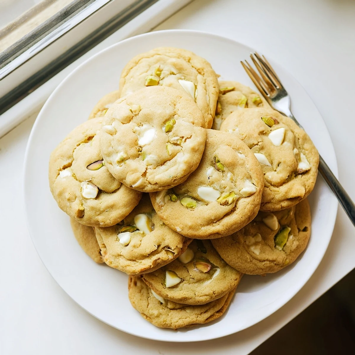 Stack of soft chewy white chocolate pistachio cookies studded with creamy chips and roasted pistachios on a wooden board