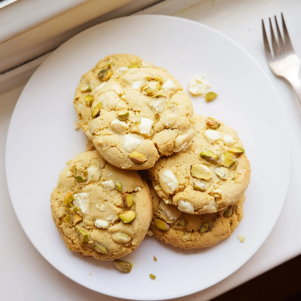 Close-up of buttery white chocolate pistachio cookies showing golden edges and generous white chocolate and nut mix-ins