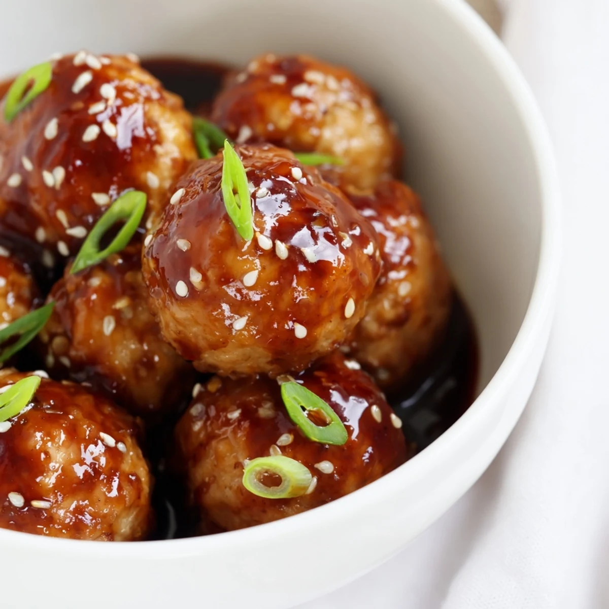 Golden glazed Japanese chicken meatballs coated in thick, shiny teriyaki sauce with sesame seed garnish
