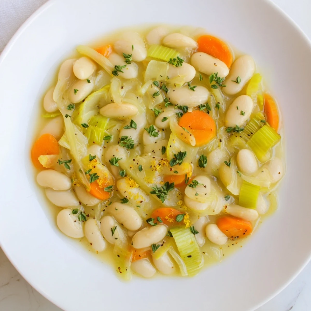 Golden butter beans and sliced leeks cooked in vegetable broth with lemon zest