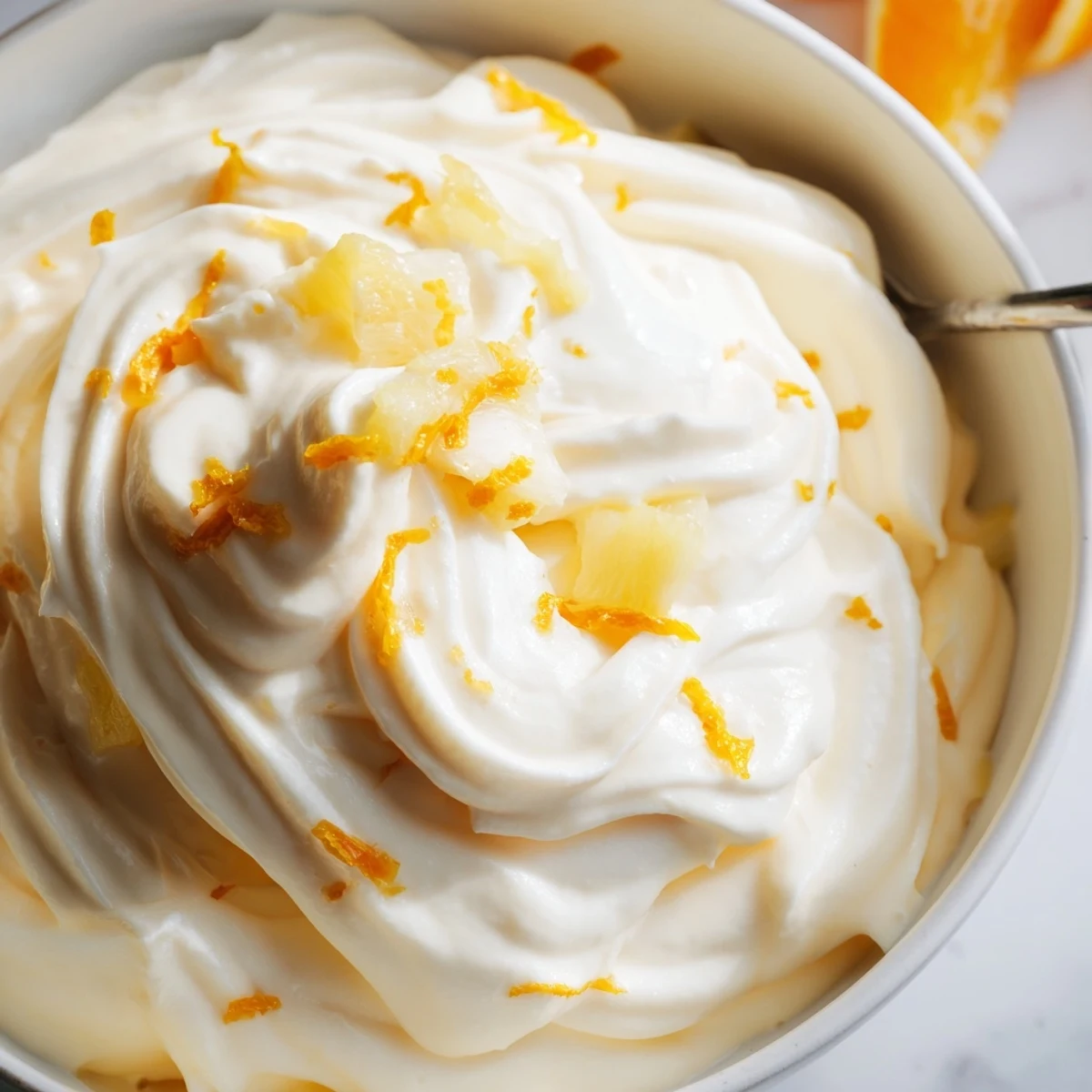 Creamy swirl of homemade orange Dole Whip topped with fresh orange zest in a white serving bowl