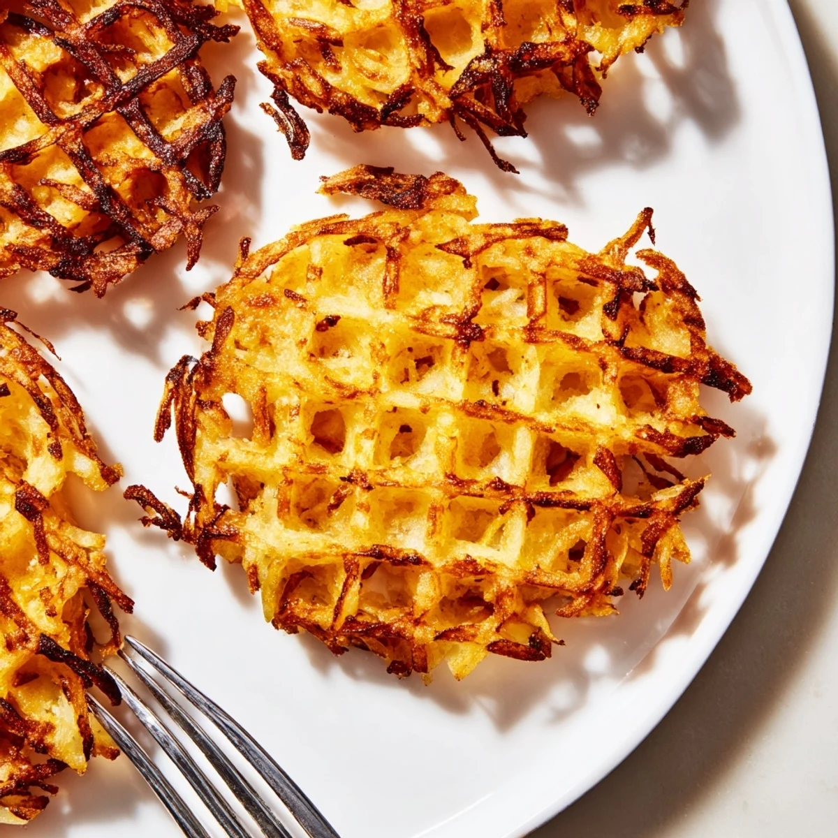 Golden crispy waffle iron hashbrowns with deep brown edges ready for breakfast