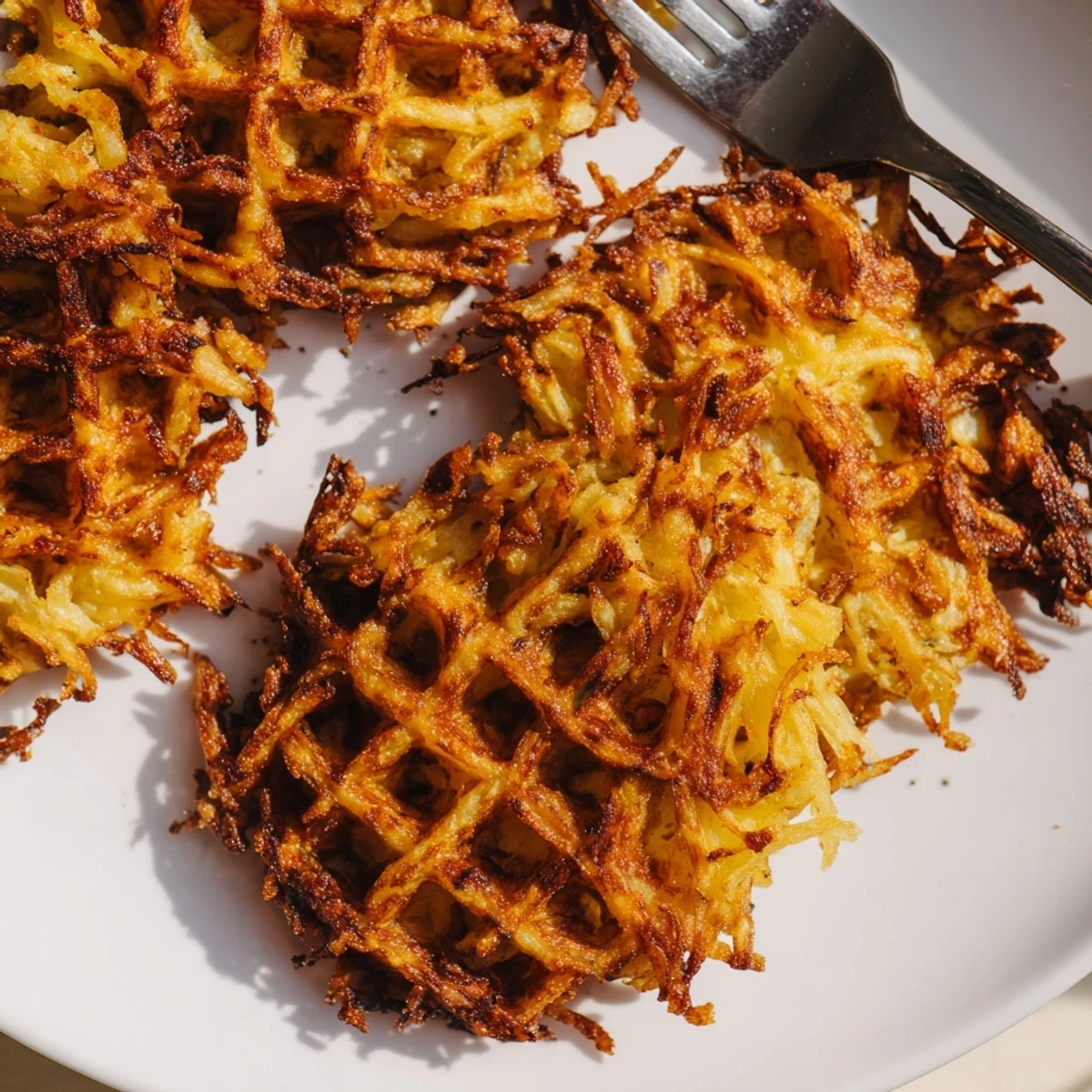 Plate of homemade waffle iron hashbrowns garnished with fresh herbs for brunch