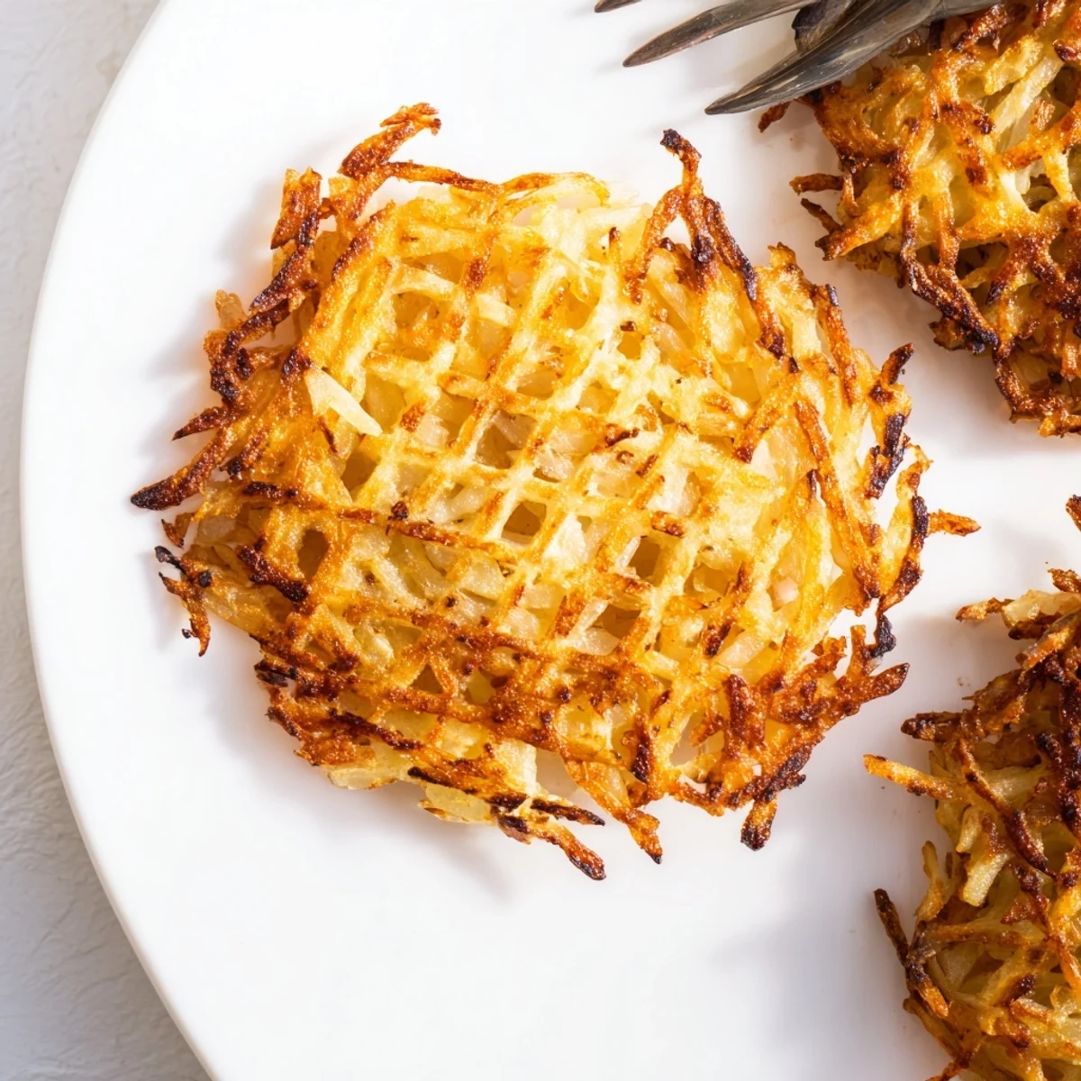 Extra crispy hashbrowns cooking in waffle iron with golden brown potato ridges