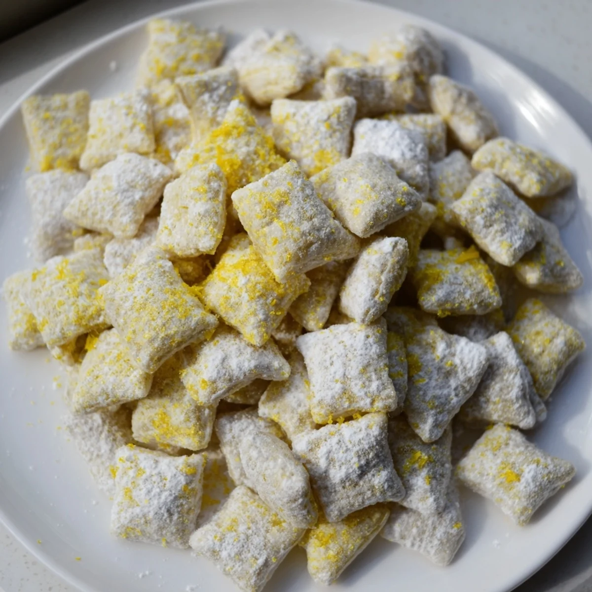 Golden lemonade puppy chow snack coated in white chocolate and powdered sugar piled high