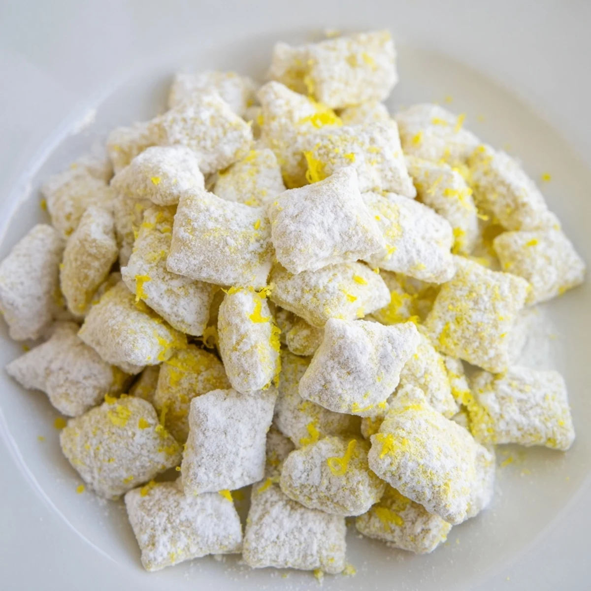 Bowl of lemonade puppy chow snack showing white chocolate drizzle and fluffy powdered coating