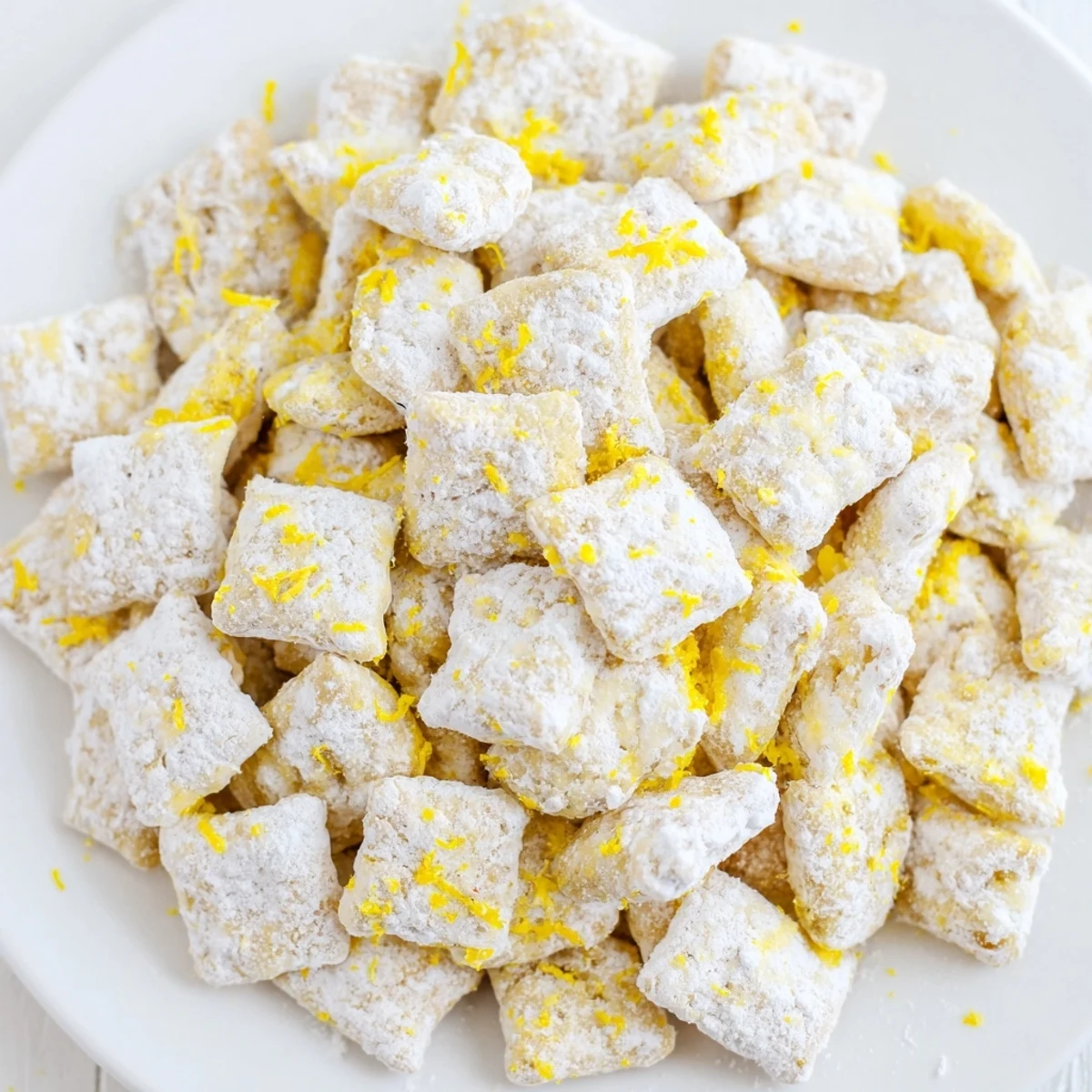 Zesty lemonade puppy chow snack sprinkled with lemon zest on a white serving platter