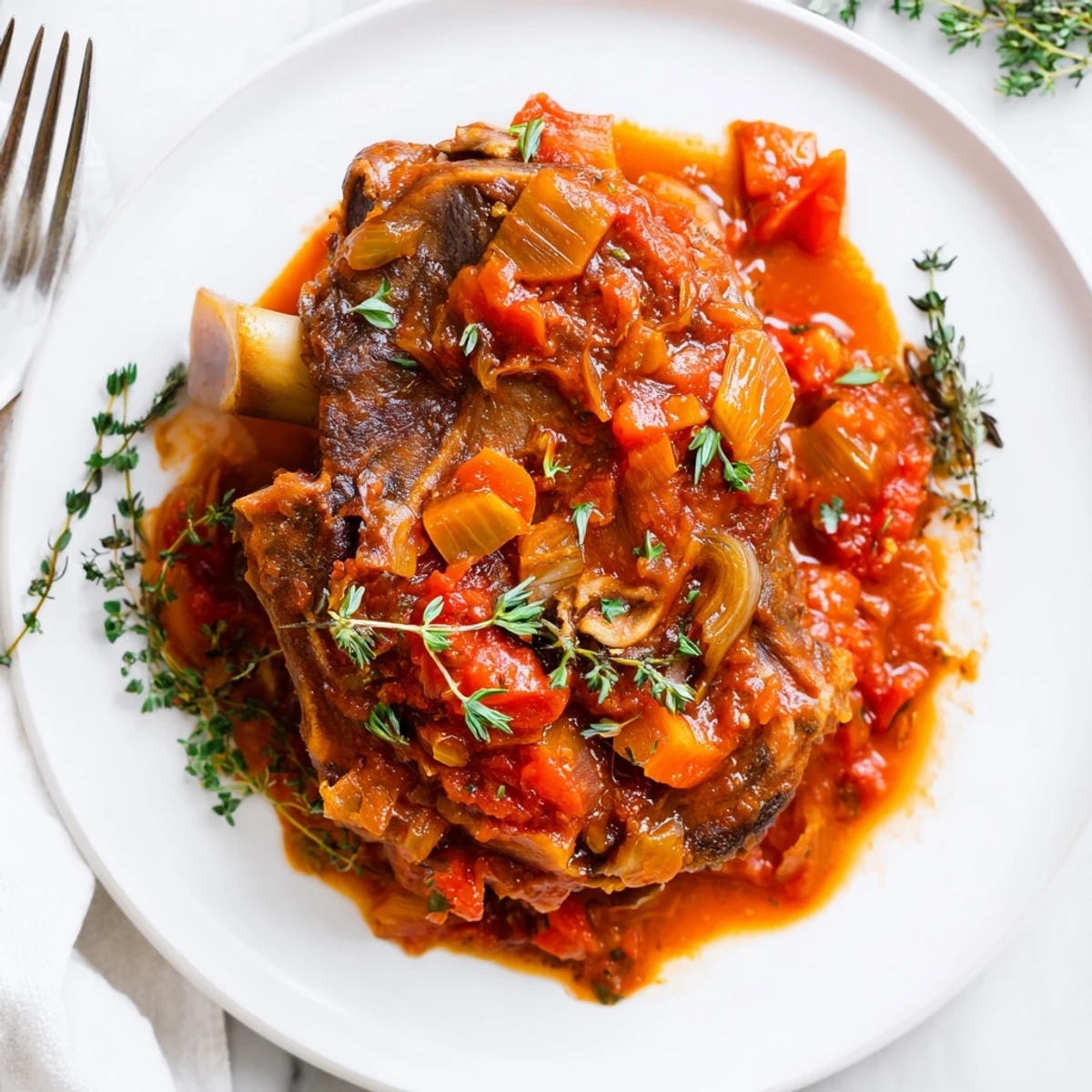 Golden brown Osso Buco à la Ina Garten braised veal shanks in rich tomato sauce with fresh gremolata topping