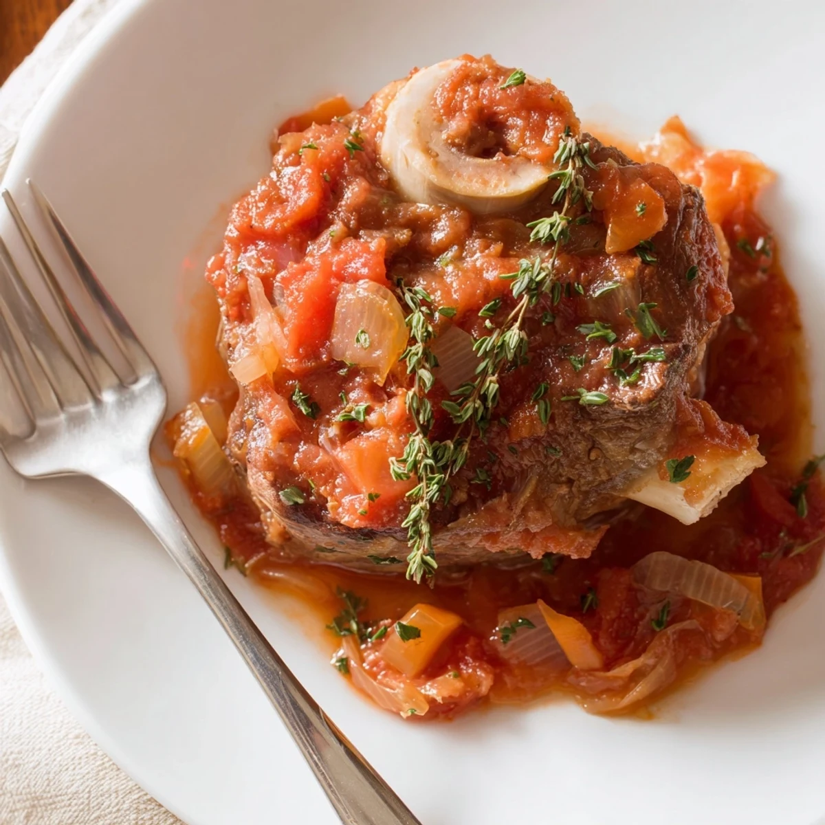 Fork-tender Italian Osso Buco à la Ina Garten served over creamy risotto with lemon parsley garnish