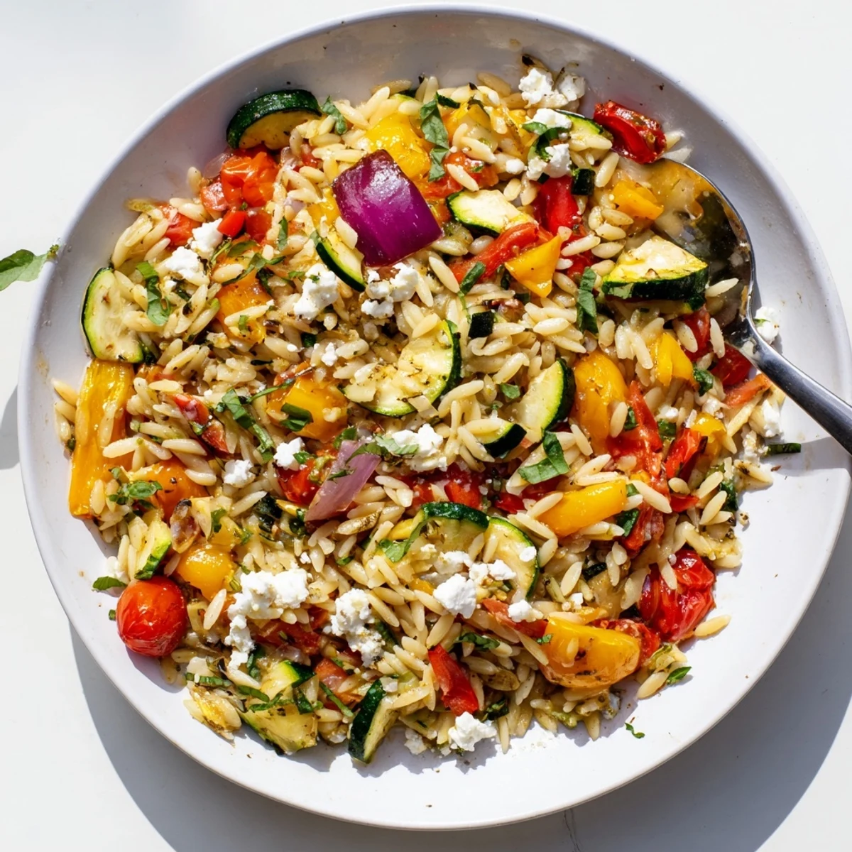 Colorful tasty roasted vegetable orzo plated with feta crumbles and fresh herbs