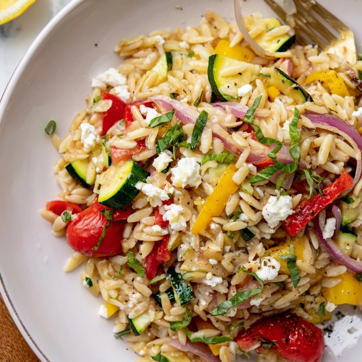 Golden orzo pasta tossed with tender roasted veggies and lemon zest in bowl