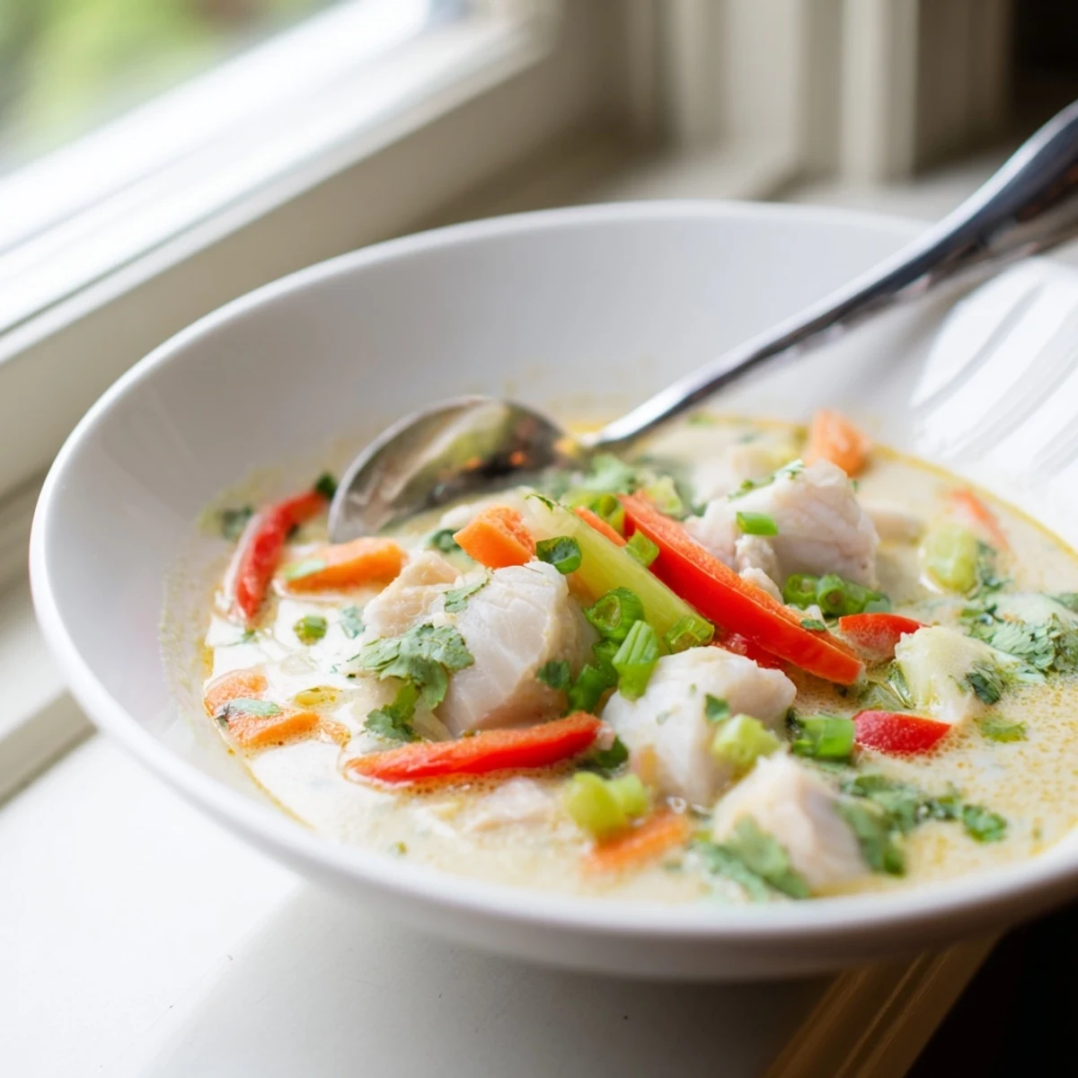 Creamy coconut lime fish soup featuring tender white fish in a rich, fragrant broth with colorful vegetables and fresh cilantro garnish