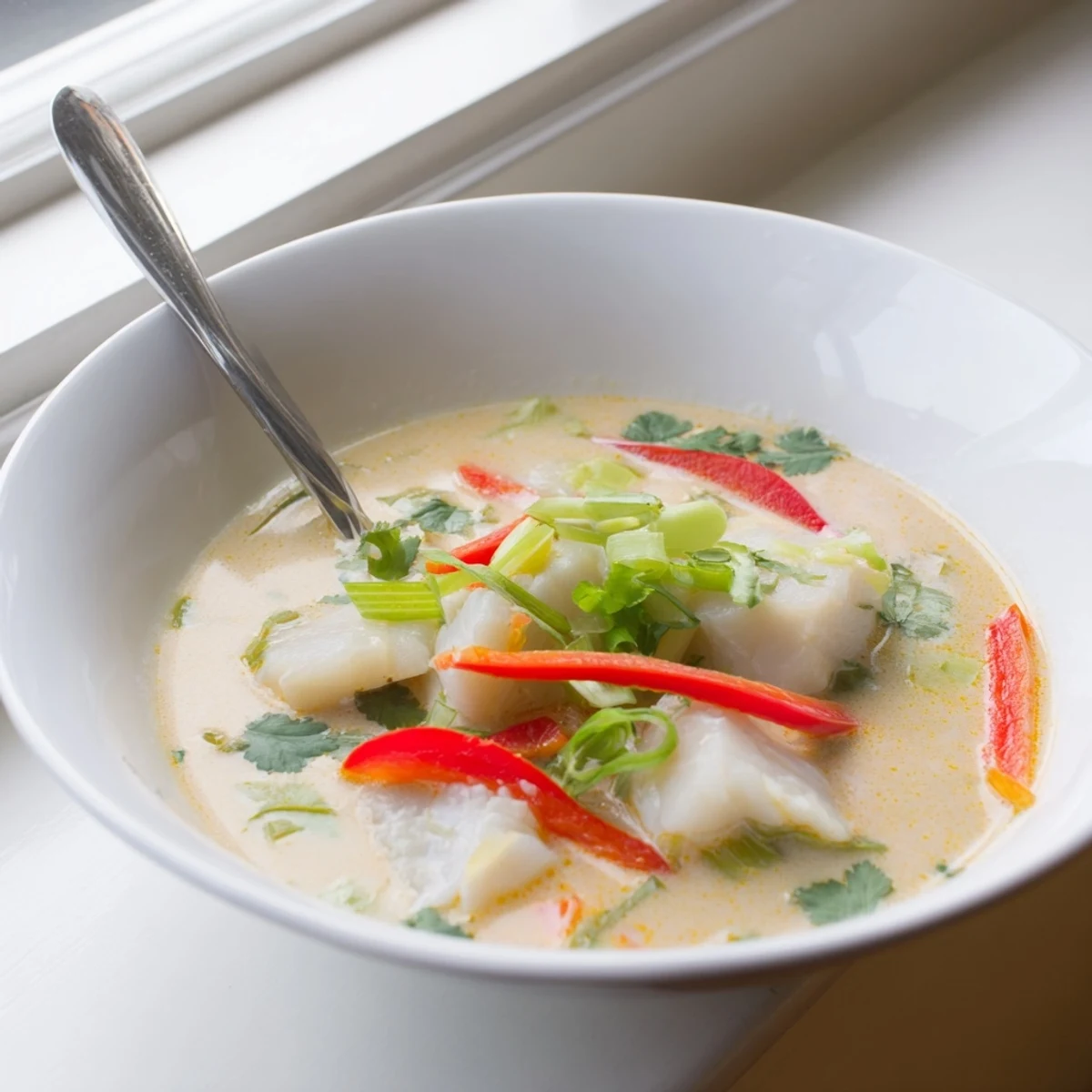 Steaming bowl of coconut lime fish soup with flaky cod pieces, vibrant bell peppers, and zesty lime toppings ready to serve