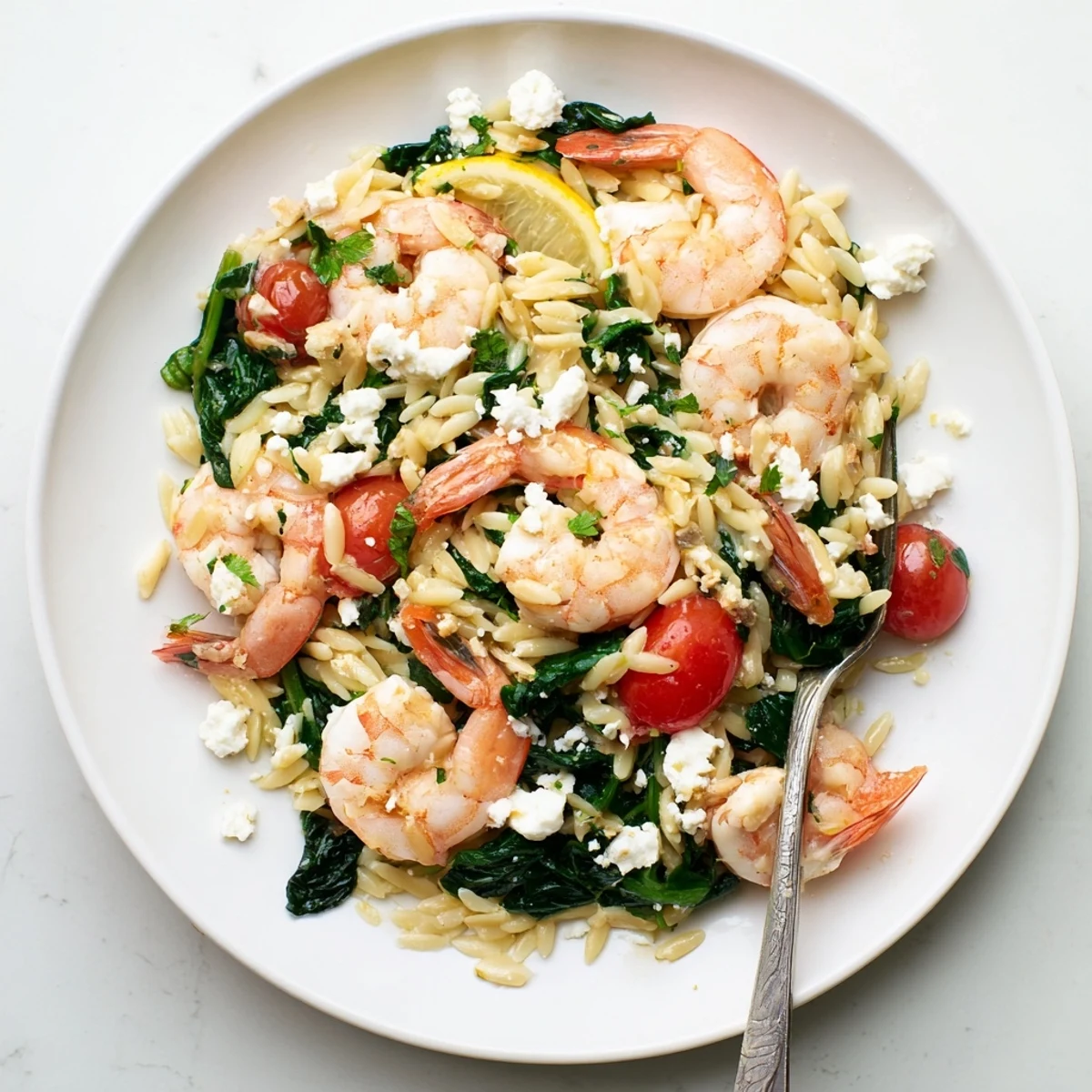Golden Lemon Feta Orzo Shrimp topped with crumbled feta and fresh parsley in a white bowl