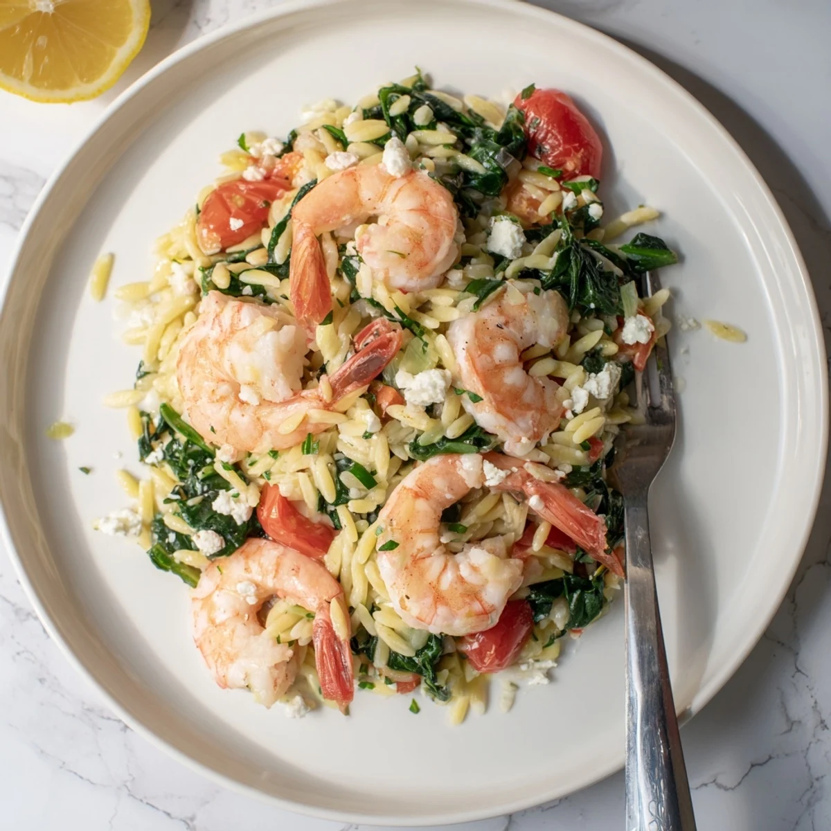 Close-up of Lemon Feta Orzo Shrimp featuring pink shrimp, wilted spinach, and cherry tomato halves