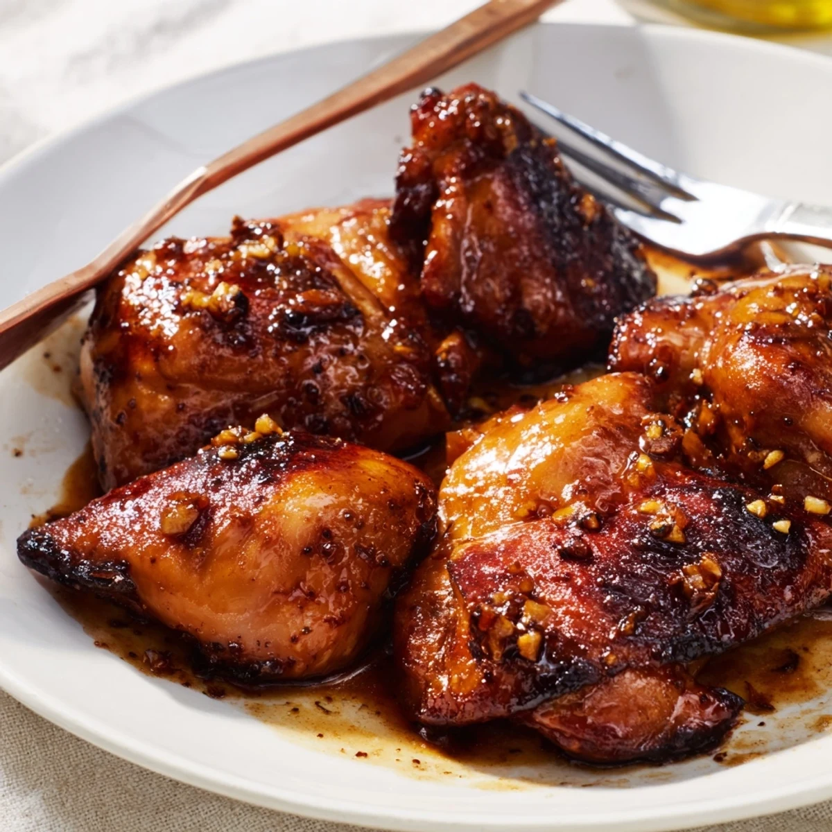 Golden brown roasted Indonesian ginger chicken pieces glistening with caramelized soy honey glaze on a white serving platter