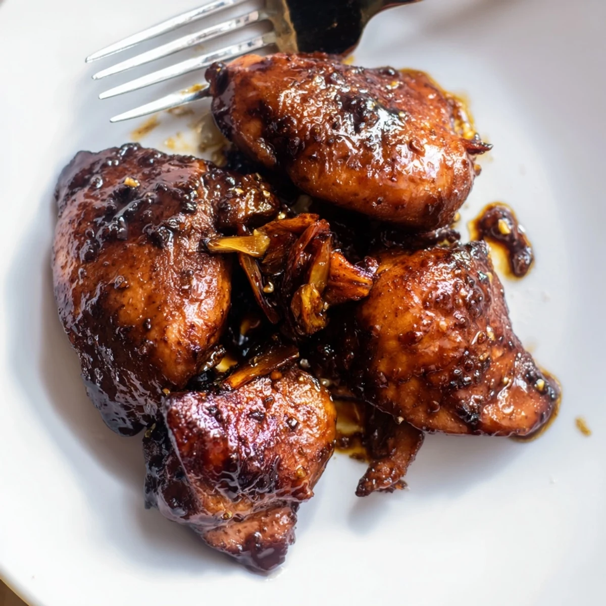 Succulent roasted chicken thighs coated in sticky sweet soy ginger glaze garnished with fresh cilantro and scallions