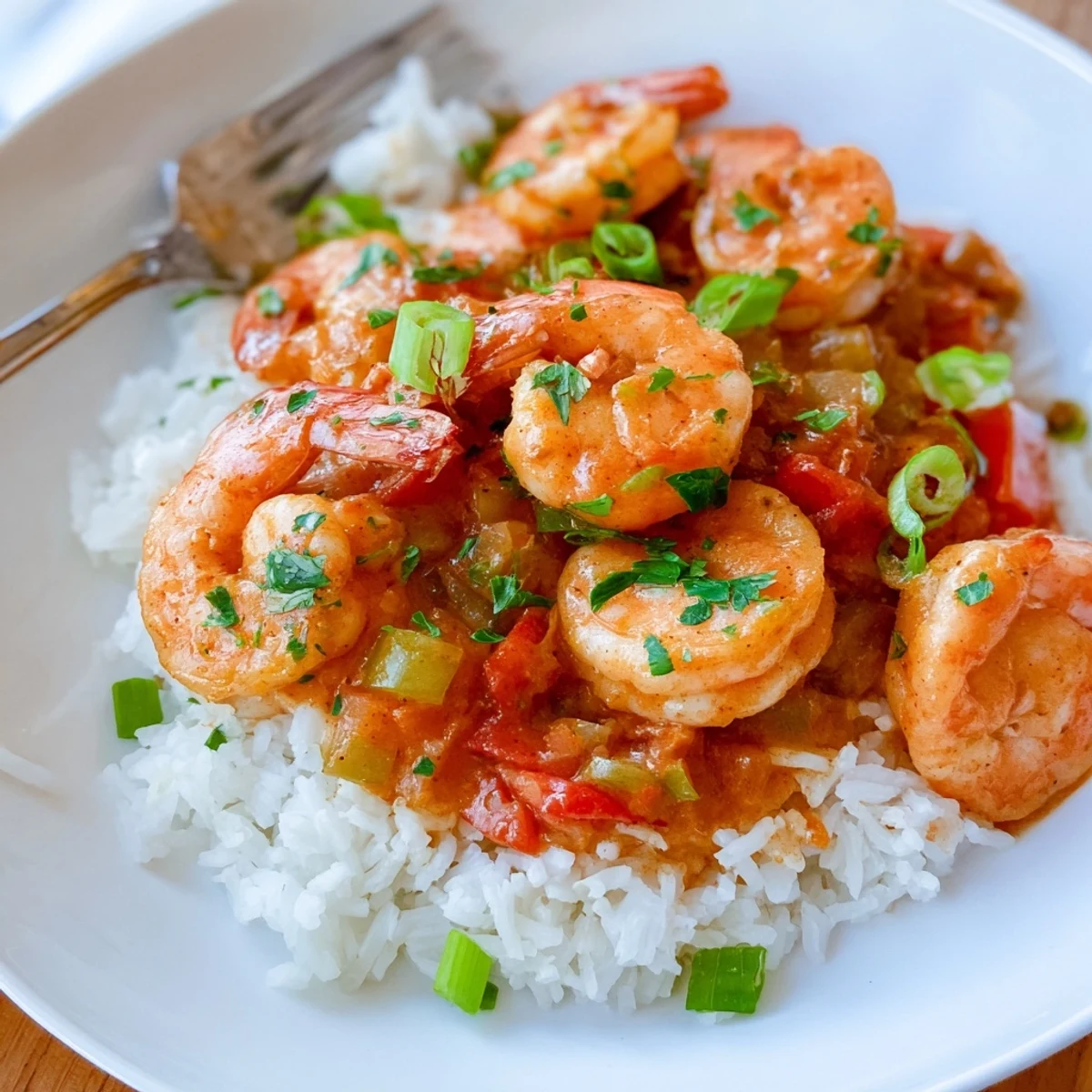 Golden Shrimp Étouffée featuring plump shrimp nestled in a rich amber roux sauce over steaming white rice
