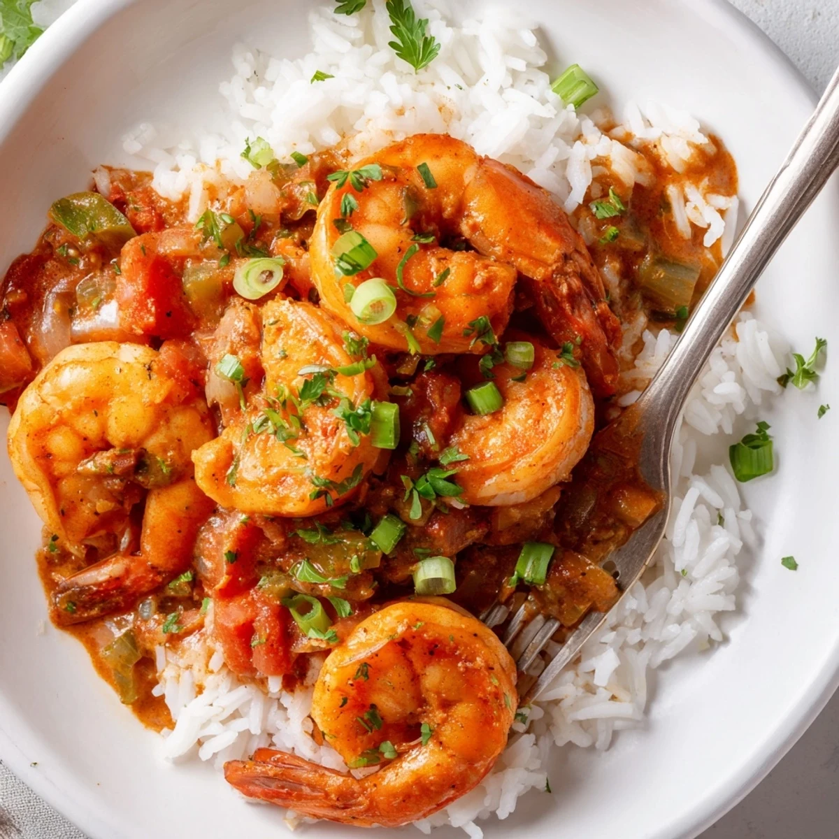 Cajun-style Shrimp Étouffée served in a shallow bowl, showcasing tender shrimp coated in a thick reddish-brown gravy