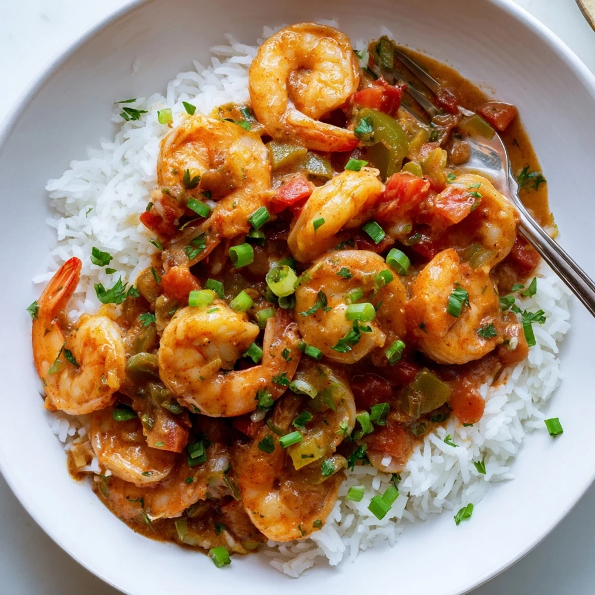 Classic Louisiana Shrimp Étouffée with succulent seafood swimming in spicy Creole sauce garnished with fresh green onions