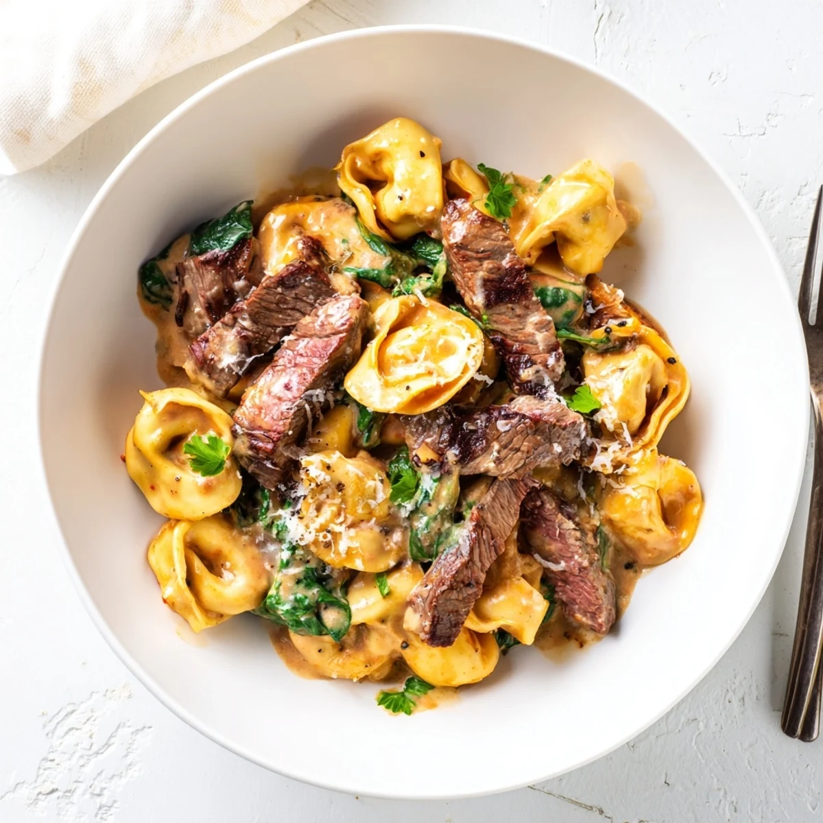 Savory seared beef strips and cheese tortellini tossed in rich garlic cream sauce with spinach