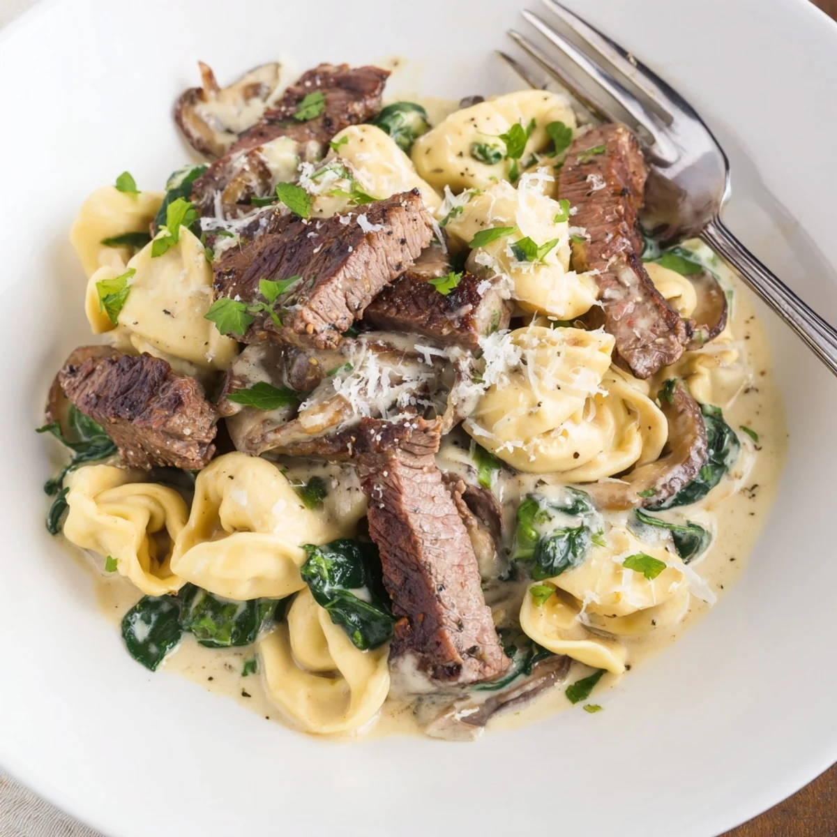 Steak tortellini plated with garlicky cream sauce, spinach, and grated Parmesan cheese garnish
