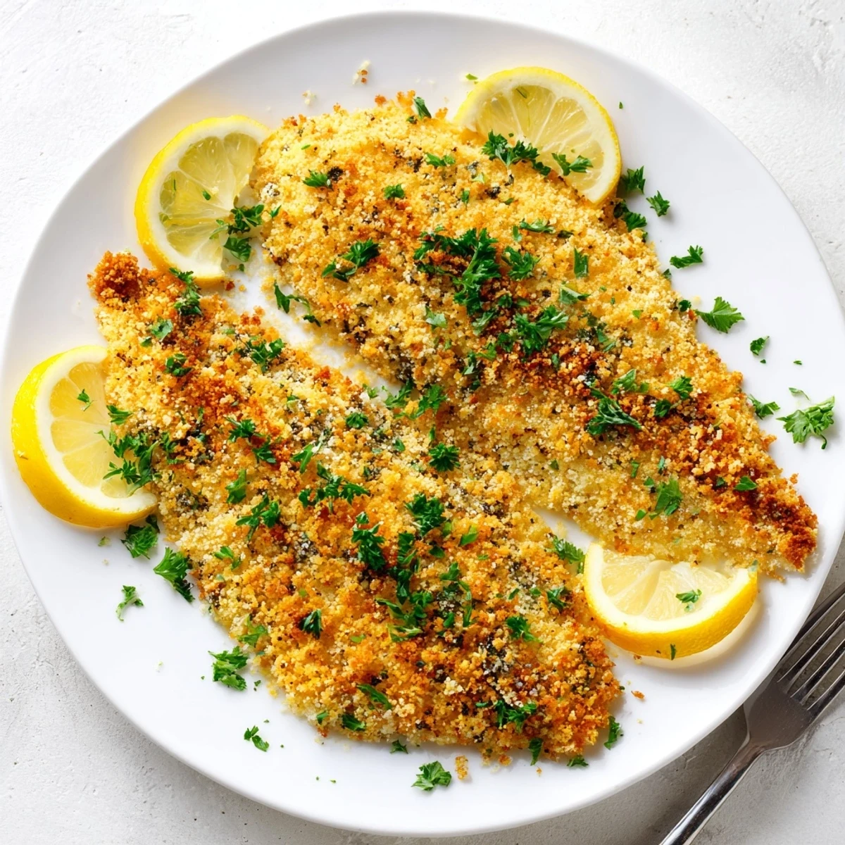 Crispy air fryer tilapia with Parmesan panko coating served with fresh lemon wedges