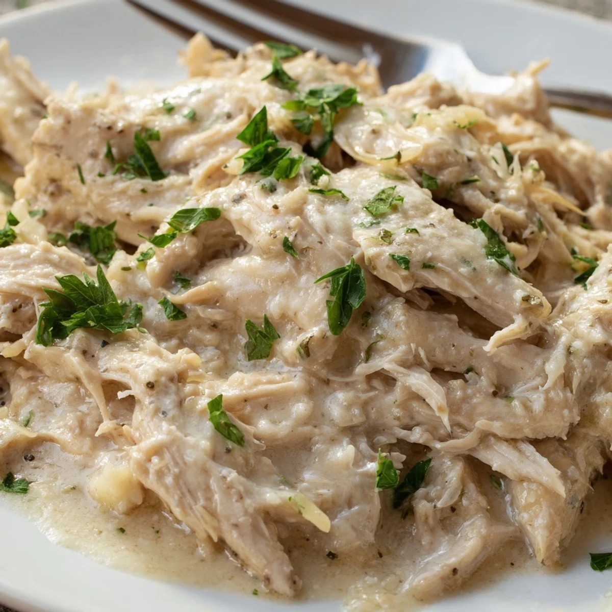Crockpot chicken breasts in a thick cheesy garlic cream sauce topped with chopped green parsley