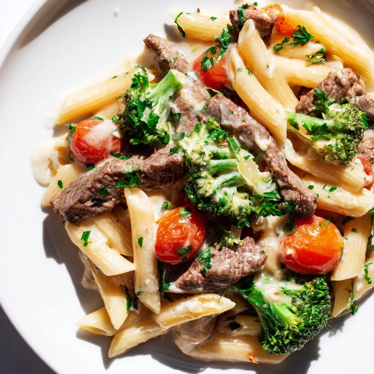 Creamy garlic steak penne with broccoli and cherry tomatoes in a white ceramic bowl garnished with fresh parsley