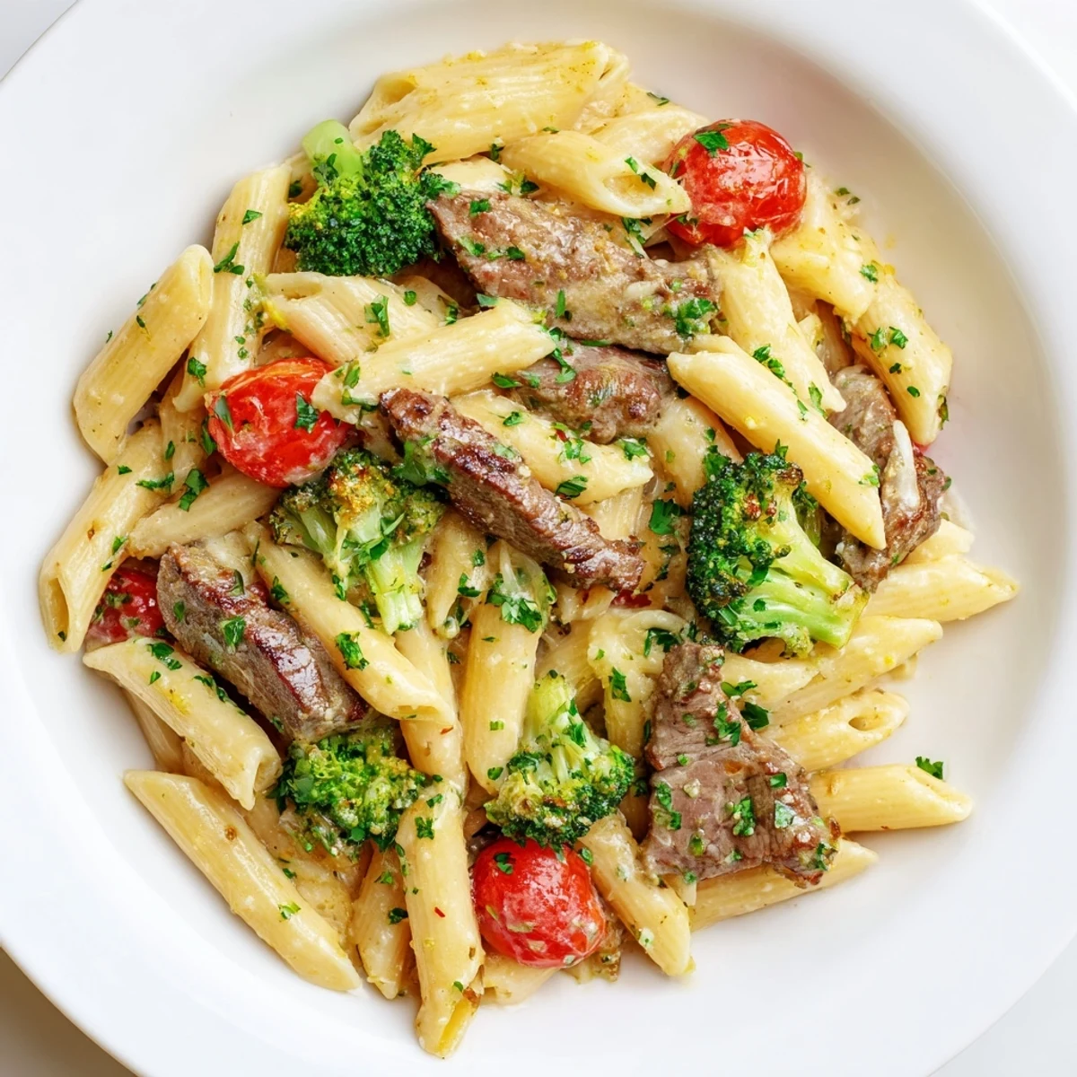 Sliced sirloin steak tossed with penne pasta broccoli florets and halved cherry tomatoes in a rich Parmesan cream sauce