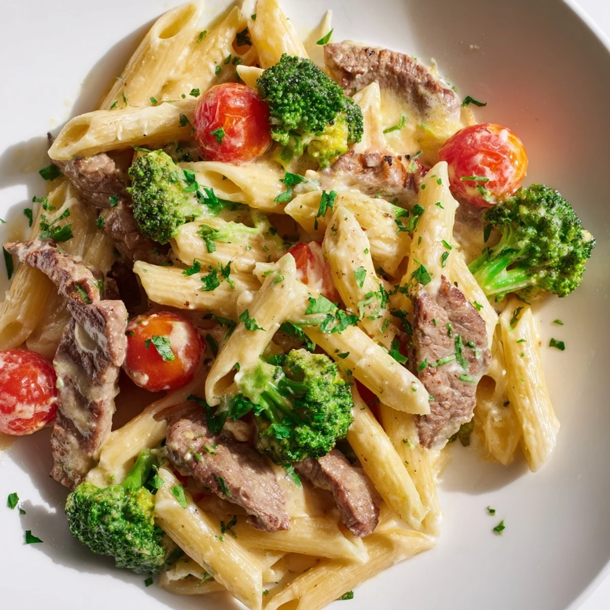 Plated creamy garlic steak penne featuring tender beef strips green broccoli and vibrant red tomatoes on a rustic wooden table
