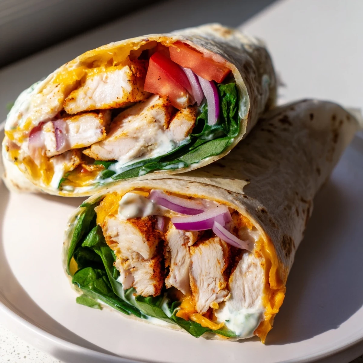 Golden brown low carb cheesy garlic chicken wraps stuffed with melted mozzarella and fresh vegetables