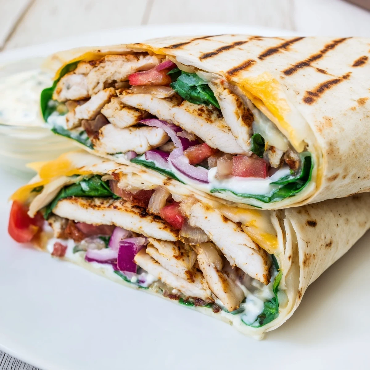 Sliced low carb cheesy garlic chicken wraps revealing tender spiced chicken inside with garlic sauce drizzle