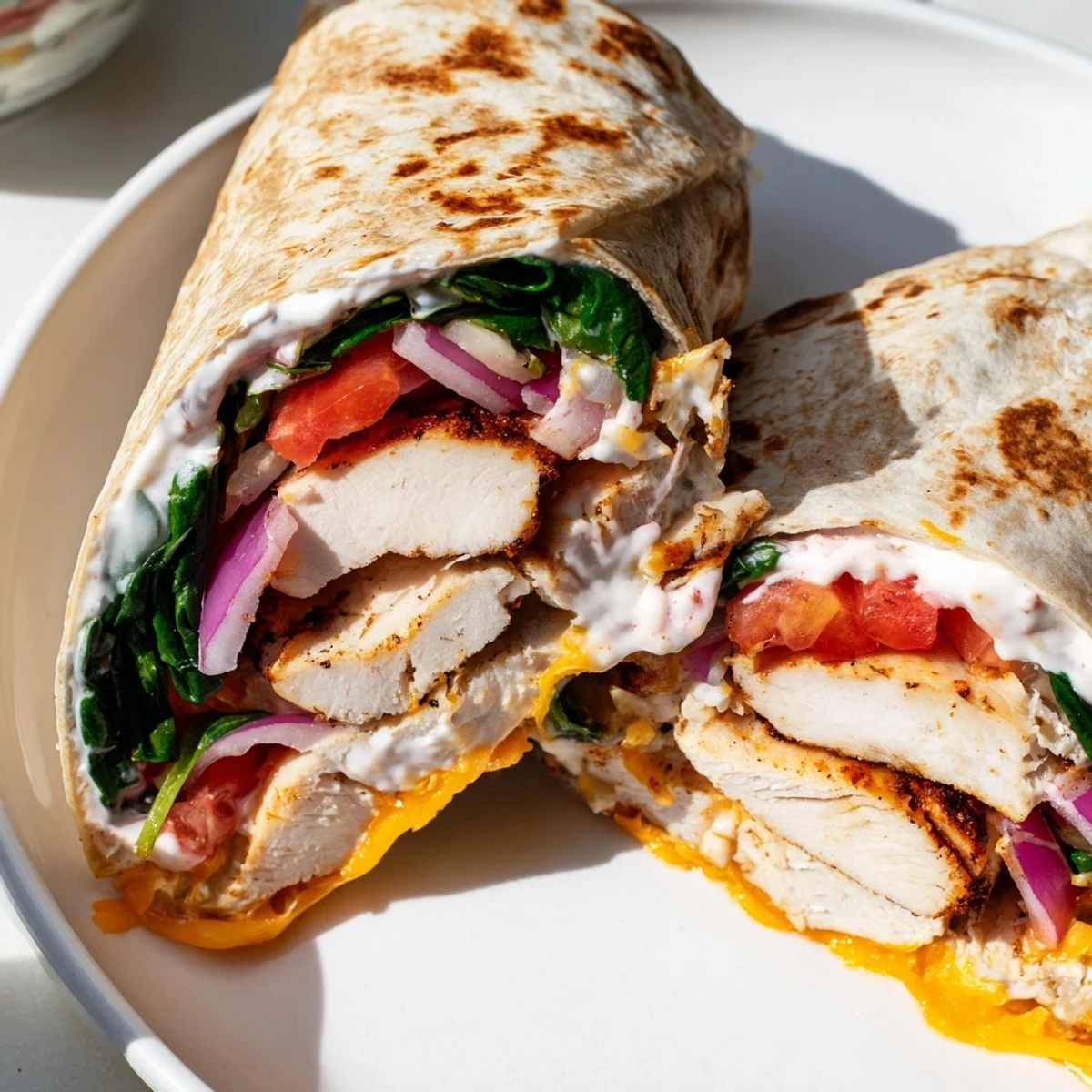 Handheld low carb cheesy garlic chicken wraps filled with grilled chicken strips, spinach, and melted cheddar