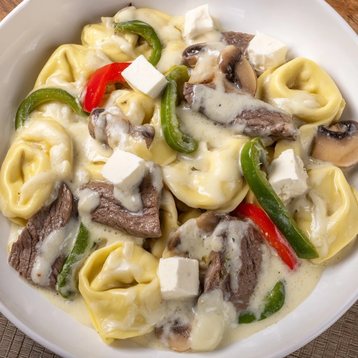 Creamy Crock Pot cheesesteak tortellini loaded with tender beef, peppers, and melted provolone cheese