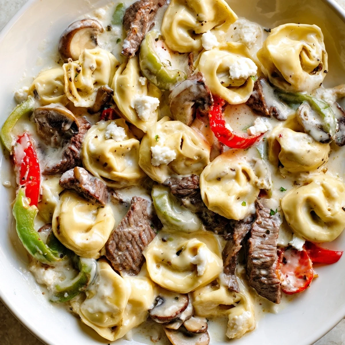 Slow cooker cheesesteak tortellini bubbling with rich cream sauce and colorful bell peppers