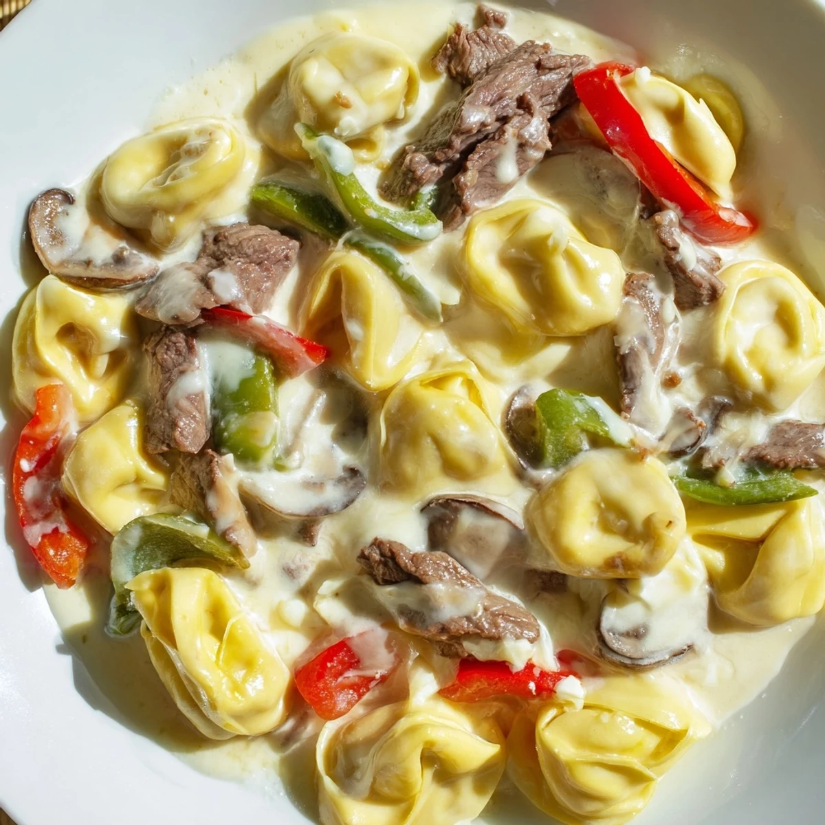 Hearty crock pot cheesesteak tortellini dish featuring cheesey pasta slices and juicy beef strips