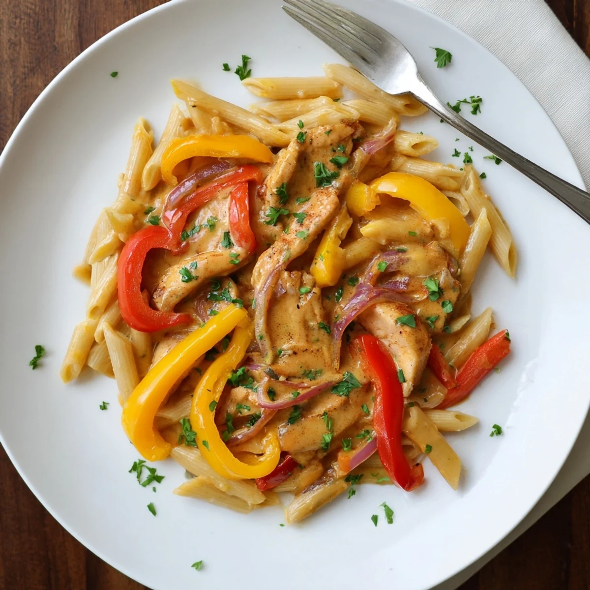 Creamy Cajun chicken pasta tossed in spicy sauce with colorful bell peppers and parsley garnish