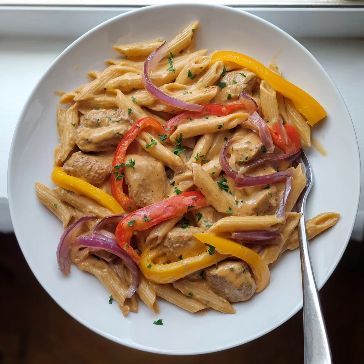 Plate of Cajun chicken pasta featuring tender strips in rich cream sauce over penne noodles